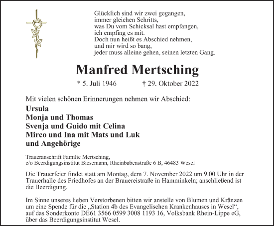 Traueranzeige von Manfred Mertsching von Tageszeitung