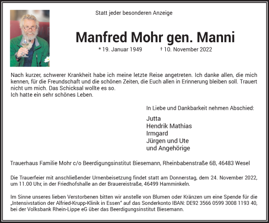 Traueranzeige von Manfred Mohr von Tageszeitung