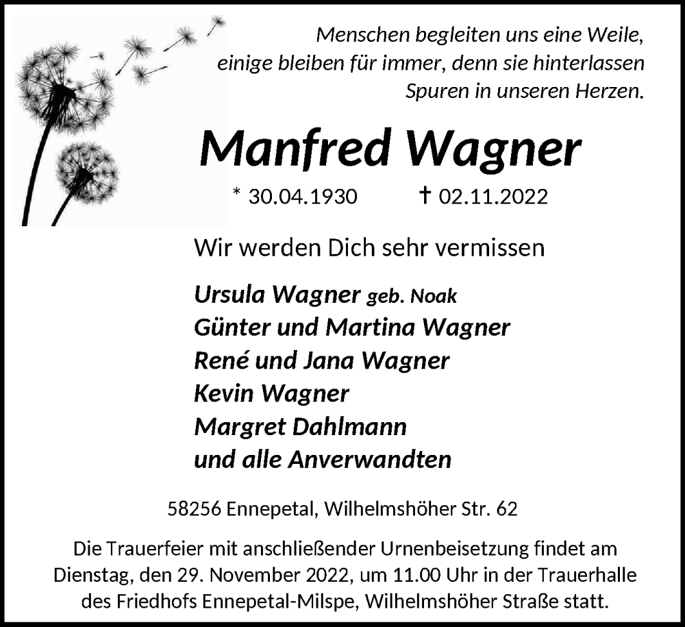  Traueranzeige für Manfred Wagner vom 19.11.2022 aus Tageszeitung
