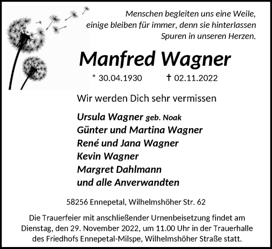 Traueranzeige von Manfred Wagner von Tageszeitung