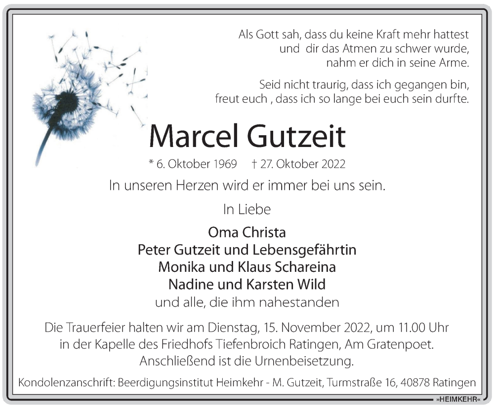  Traueranzeige für Marcel Gutzeit vom 12.11.2022 aus Tageszeitung