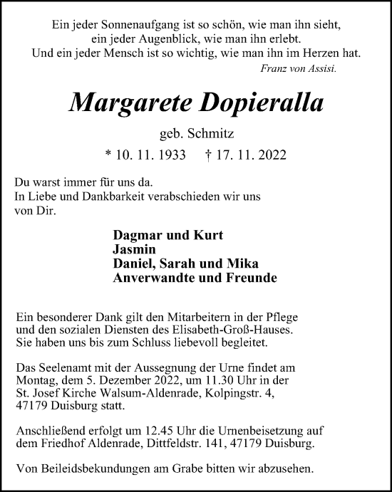 Traueranzeige von Margarete Dopieralla von Tageszeitung