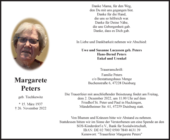 Traueranzeige von Margarete Peters von Tageszeitung