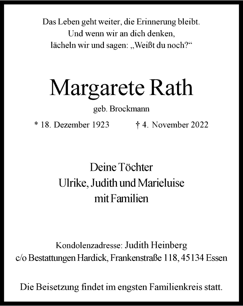 Traueranzeigen von Margarete Rath | Trauer-in-NRW.de