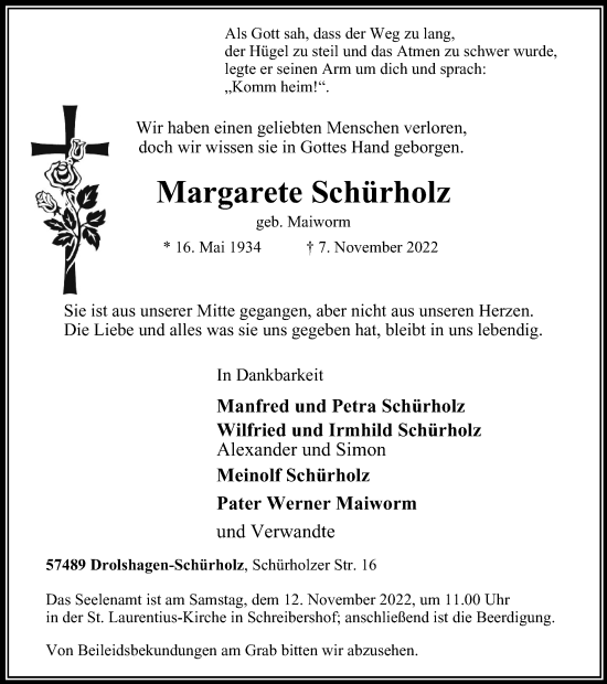 Traueranzeige von Margarete Schürholz von Tageszeitung