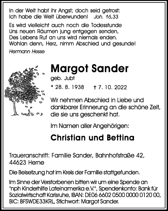 Traueranzeige von Margot Sander von Tageszeitung
