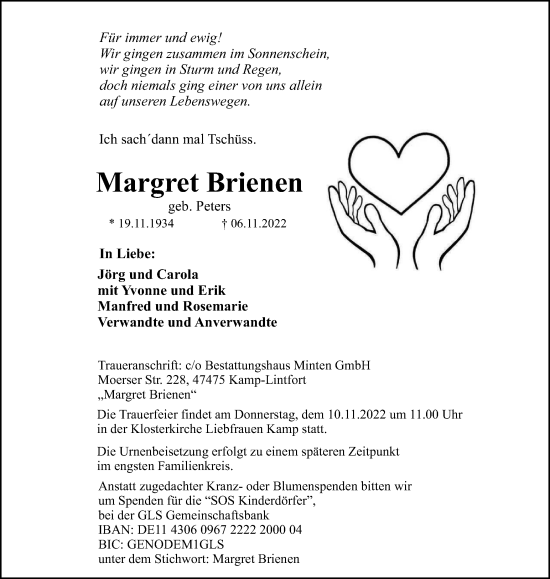 Traueranzeige von Margret Brienen von Tageszeitung