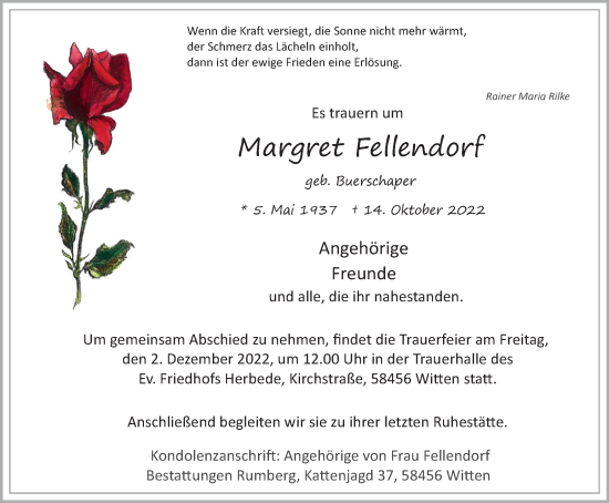Traueranzeige von Margret Fellendorf von Tageszeitung