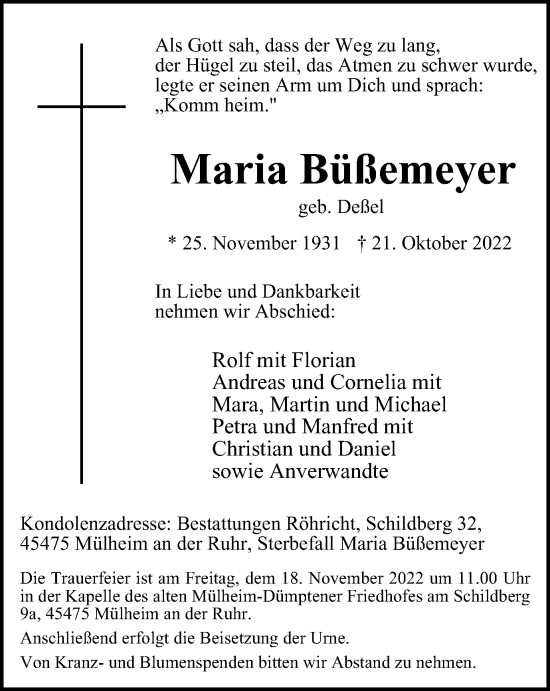 Traueranzeige von Maria Büßemeyer von Tageszeitung
