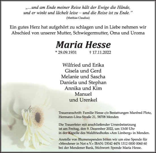 Traueranzeige von Maria Hesse von WVW Anzeigenblätter