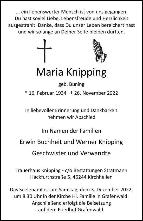 Traueranzeige von Maria Knipping von Tageszeitung