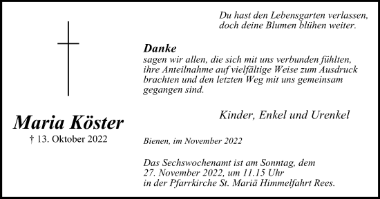 Traueranzeige von Maria Köster von Tageszeitung