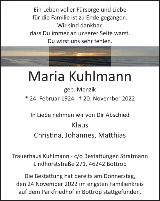 Traueranzeige von Maria Kuhlmann von WVW Anzeigenblätter