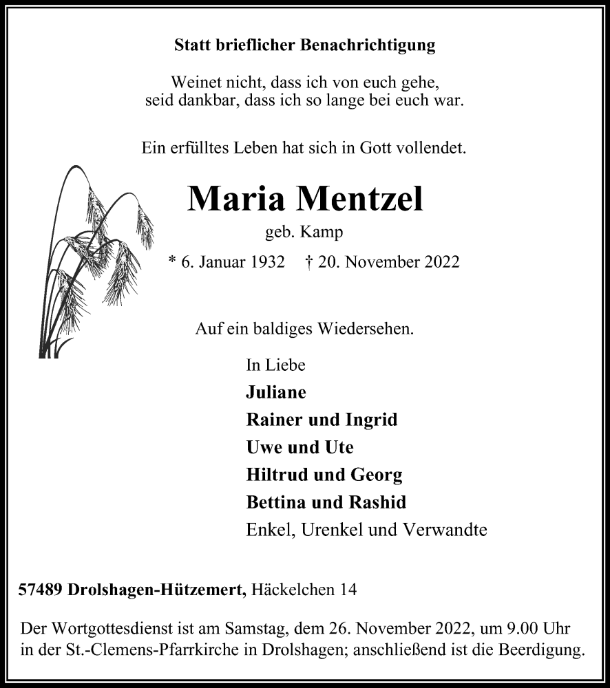  Traueranzeige für Maria Mentzel vom 23.11.2022 aus Tageszeitung