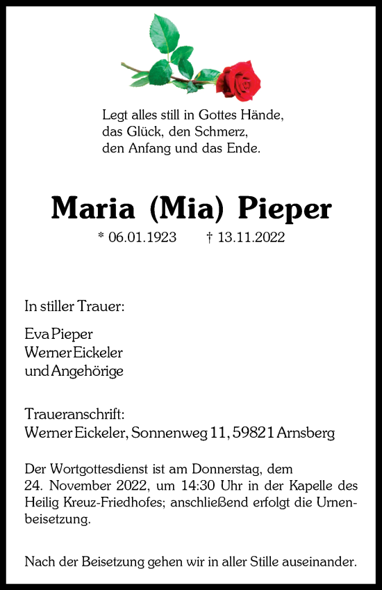 Traueranzeige von Maria Pieper von Tageszeitung