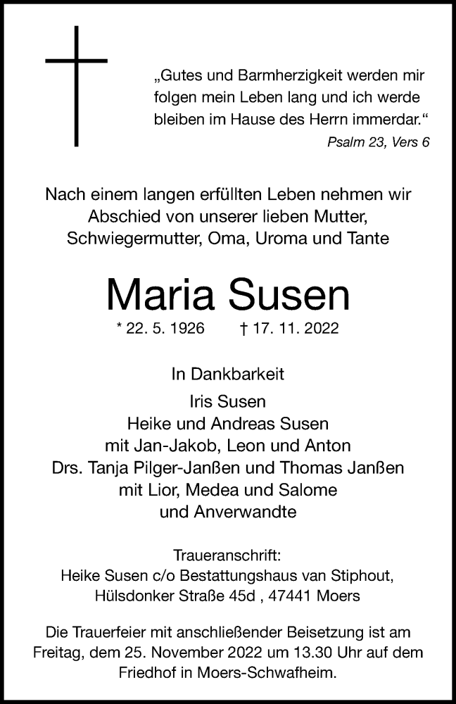  Traueranzeige für Maria Susen vom 23.11.2022 aus Tageszeitung