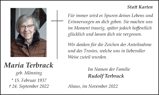 Traueranzeige von Maria Terbrack von Tageszeitung