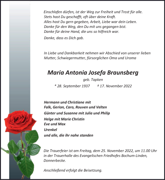 Traueranzeige von Maria Antonia Josefa Braunsberg von Tageszeitung