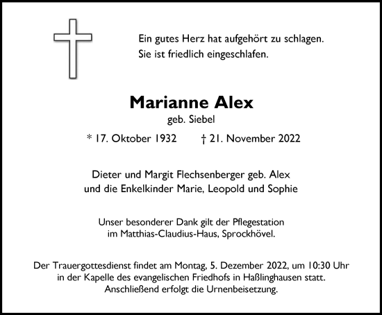 Traueranzeige von Marianne Alex von Tageszeitung