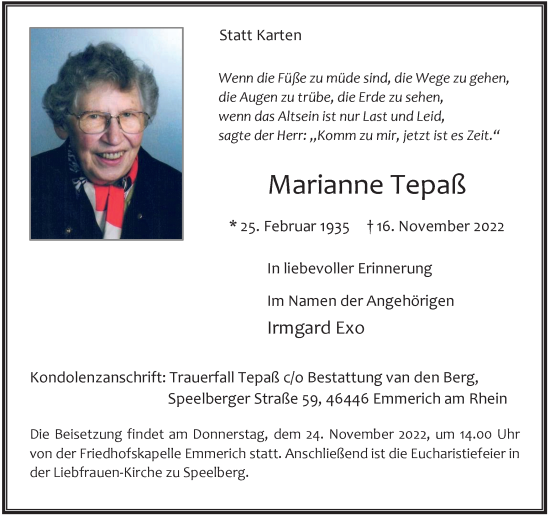 Traueranzeige von Marianne Tepaß von WVW Anzeigenblätter