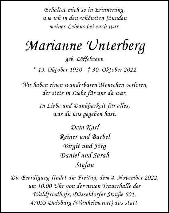 Traueranzeige von Marianne Unterberg von Tageszeitung