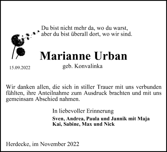 Traueranzeige von Marianne Urban von Tageszeitung