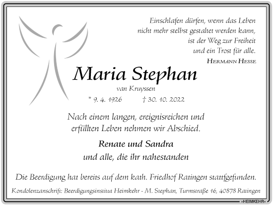 Traueranzeige von Maria Stephan van Kruyssen von Tageszeitung