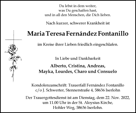 Traueranzeige von Maria Teresa Fernandez Fontanillo von Tageszeitung