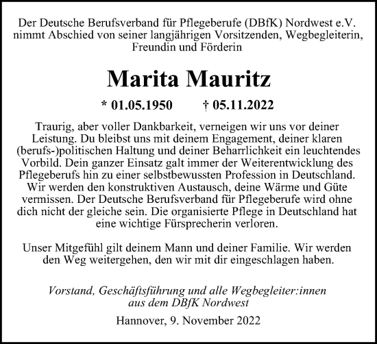 Traueranzeige von Marita Mauritz von Tageszeitung