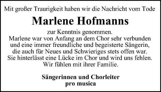 Traueranzeige von Marlene Hofmanns von Tageszeitung