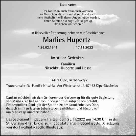 Traueranzeige von Marlies Hupertz von Tageszeitung