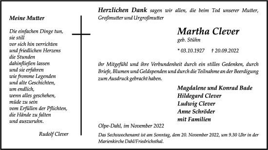 Traueranzeige von Martha Clever von Tageszeitung