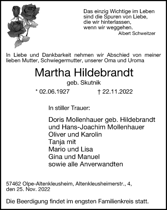 Traueranzeige von Martha Hildebrandt von Tageszeitung