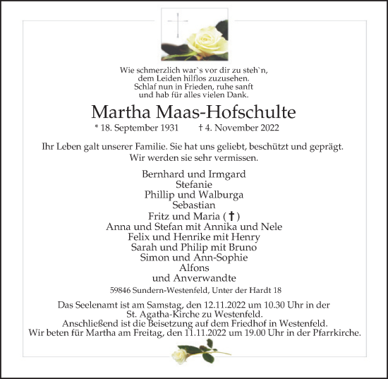 Traueranzeige von Martha Maas-Hofschulte von Tageszeitung