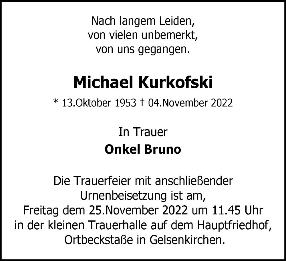  Traueranzeige für Michael Kurkofski vom 24.11.2022 aus Tageszeitung