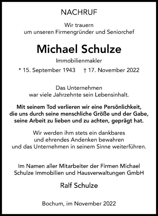 Traueranzeige von Michael Schulze von Tageszeitung