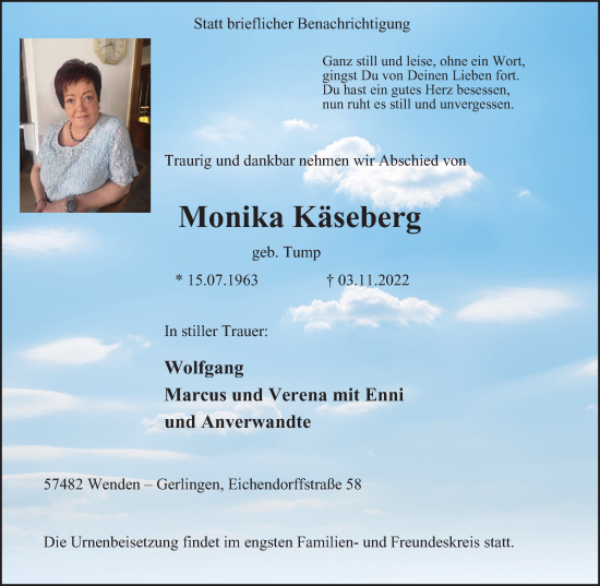 Traueranzeige von Monika Käseberg von Tageszeitung