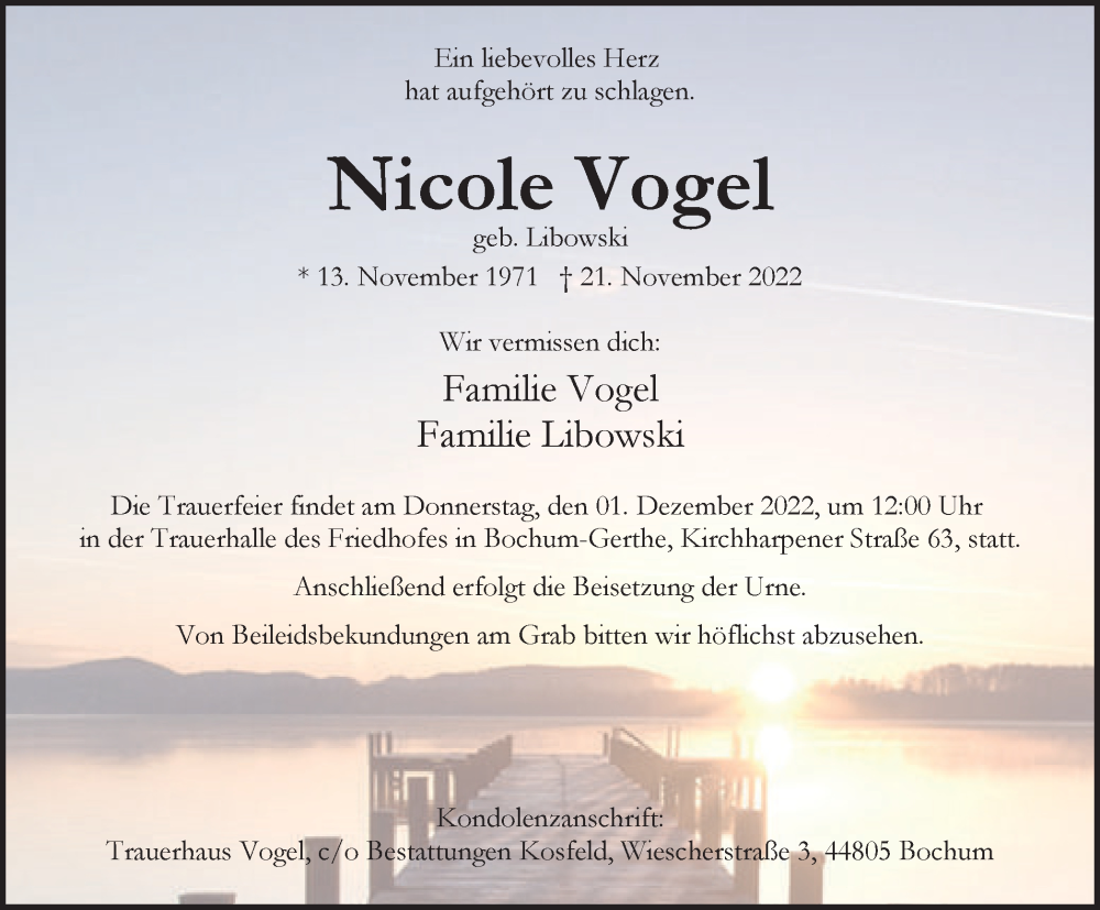  Traueranzeige für Nicole Vogel vom 26.11.2022 aus Tageszeitung