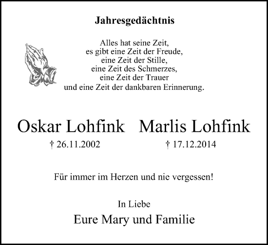 Traueranzeige von Oskar und Marlis Lohfink von Tageszeitung