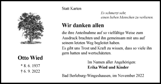 Traueranzeige von Otto Wied von Tageszeitung