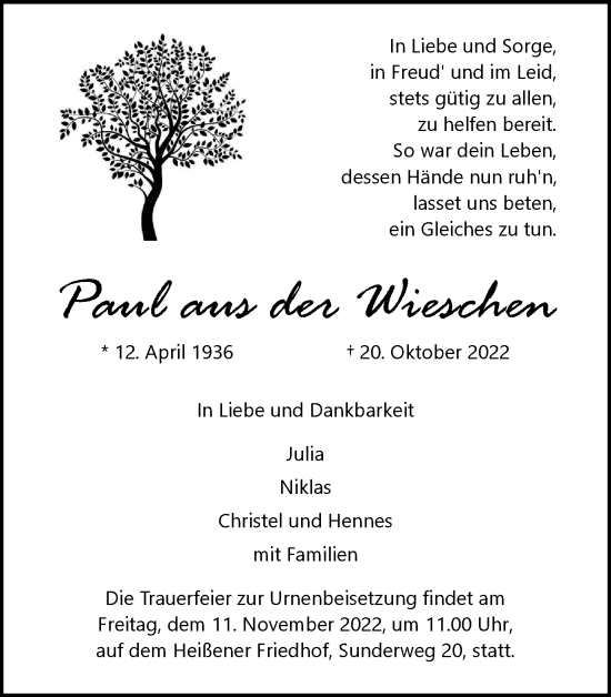 Traueranzeige von Paul  aus der Wieschen von Tageszeitung
