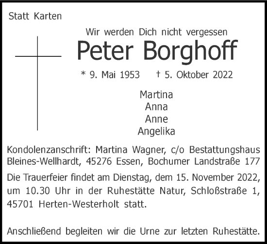 Traueranzeige von Peter Borghoff von Tageszeitung