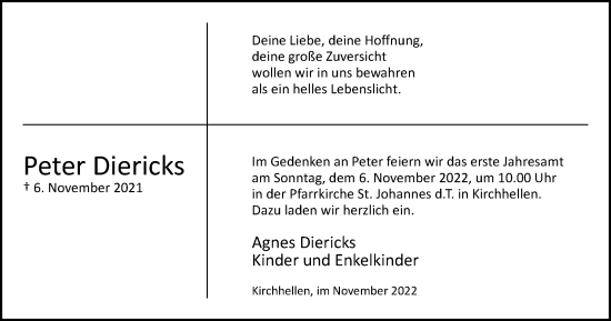 Traueranzeige von Peter Diericks von Tageszeitung