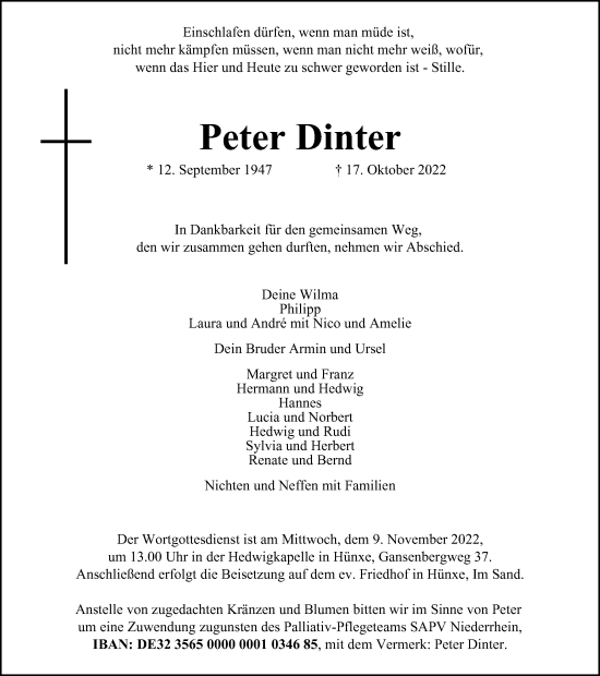 Traueranzeige von Peter Dinter von Tageszeitung