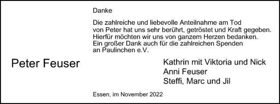 Traueranzeige von Peter Feuser von Tageszeitung