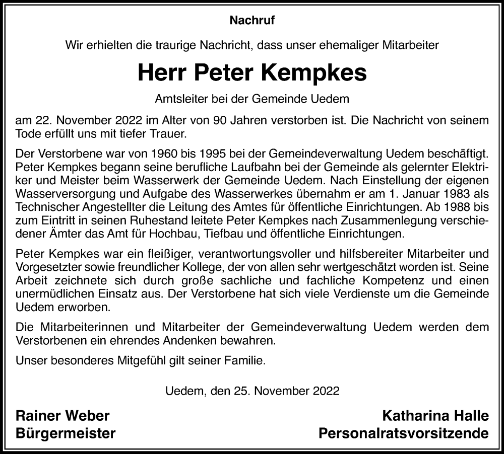  Traueranzeige für Peter Kempkes vom 26.11.2022 aus Tageszeitung