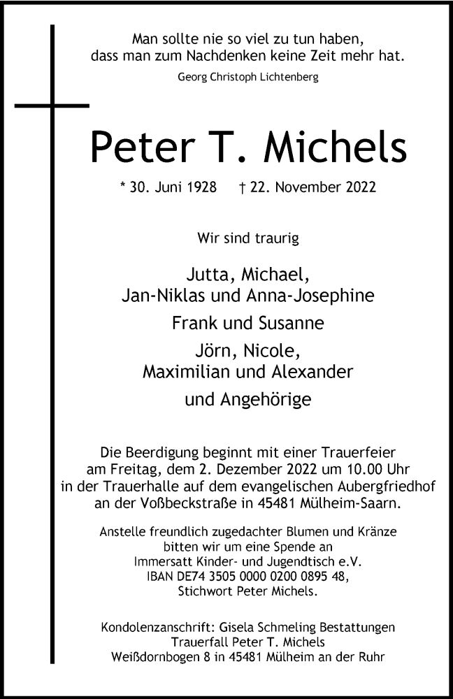  Traueranzeige für Peter  Michels vom 26.11.2022 aus Tageszeitung