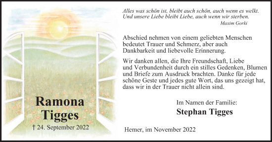 Traueranzeige von Ramona Tigges von Tageszeitung