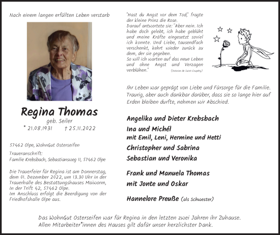 Traueranzeige von Regina Thomas von Tageszeitung