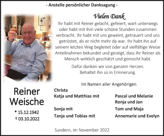 Traueranzeige von Reiner Weische von Tageszeitung